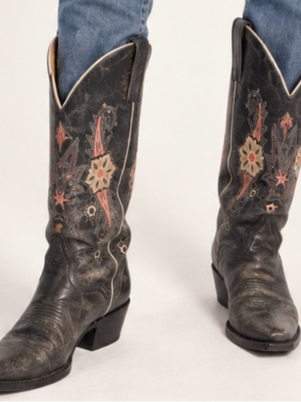 J.B. Dillon Women’s 7B Black Leather Embroidered Floral Cowboy Boots Snip Toe